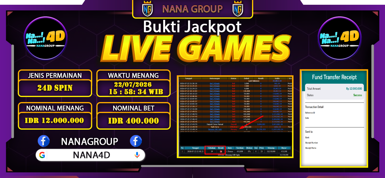 Bukti Kemenangan Besar Dibayar lunas Member NANA4D RP 12.000.000, 22 Juli 2026