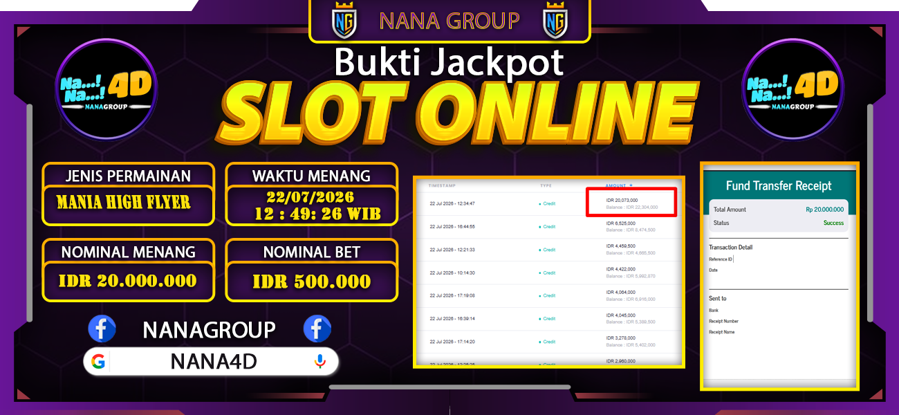 Bukti Kemenangan Besar Dibayar lunas Member NANA4D RP 20.000.000, 22 Juli 2026
