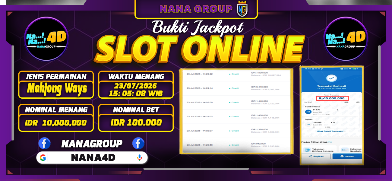 Bukti Kemenangan Besar Dibayar lunas Member NANA4D RP 10.000.000, 23 Juli 2026