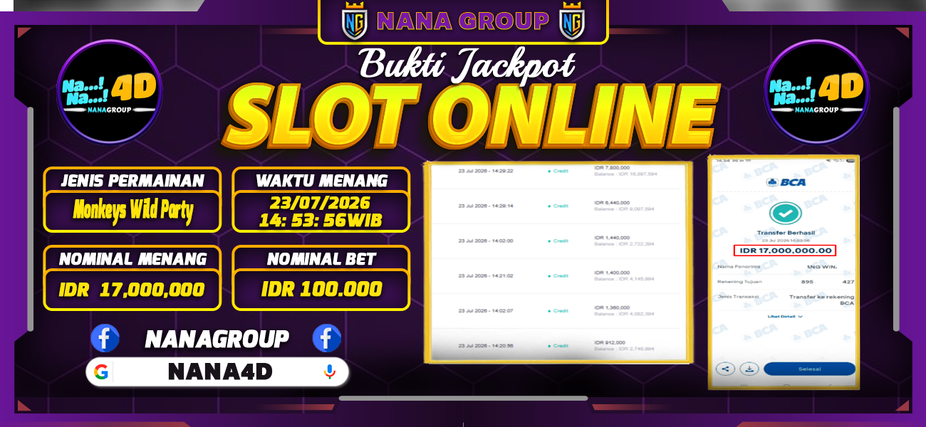 Bukti Kemenangan Besar Dibayar lunas Member NANA4D RP 17.000.000, 23 Juli 2026