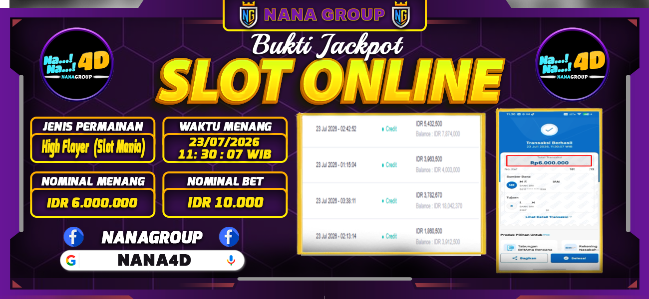Bukti Kemenangan Besar Dibayar lunas Member NANA4D RP 6.000.000, 23 Juli 2026