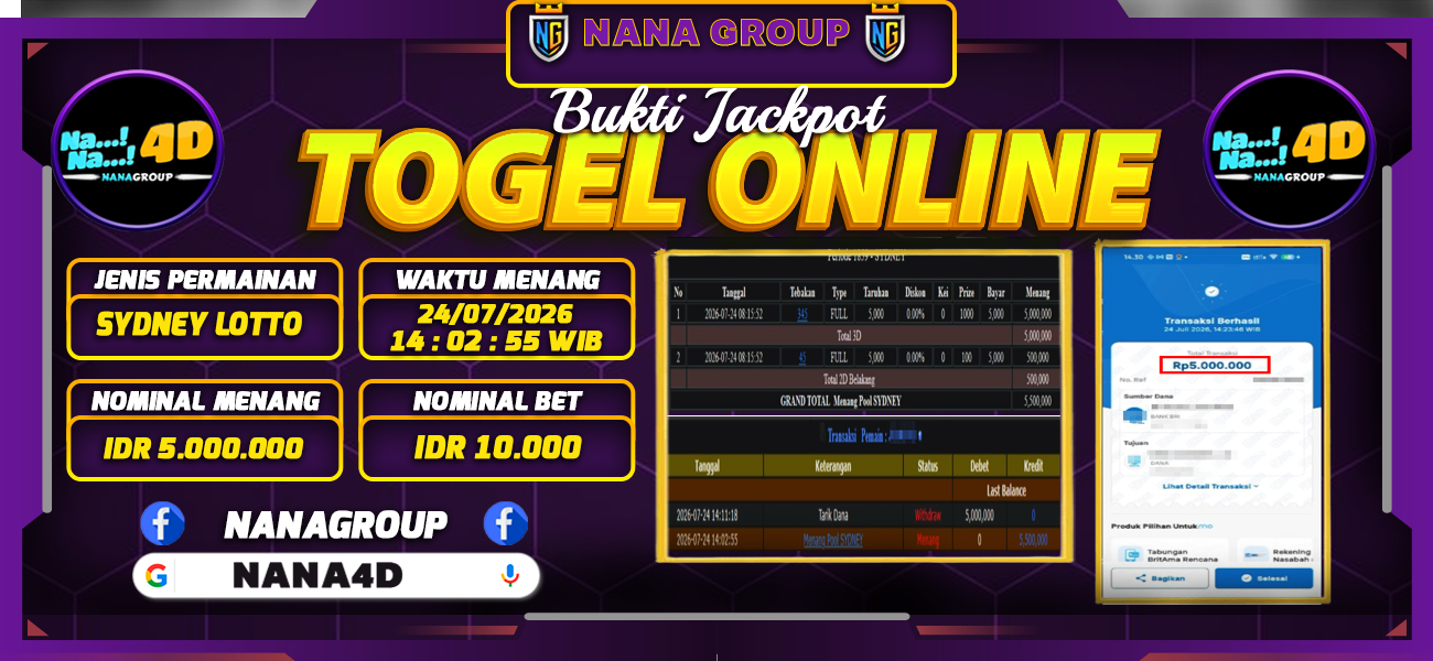 Bukti Kemenangan Besar Dibayar lunas Member NANA4D RP 5.000.000, 24 Juli 2026