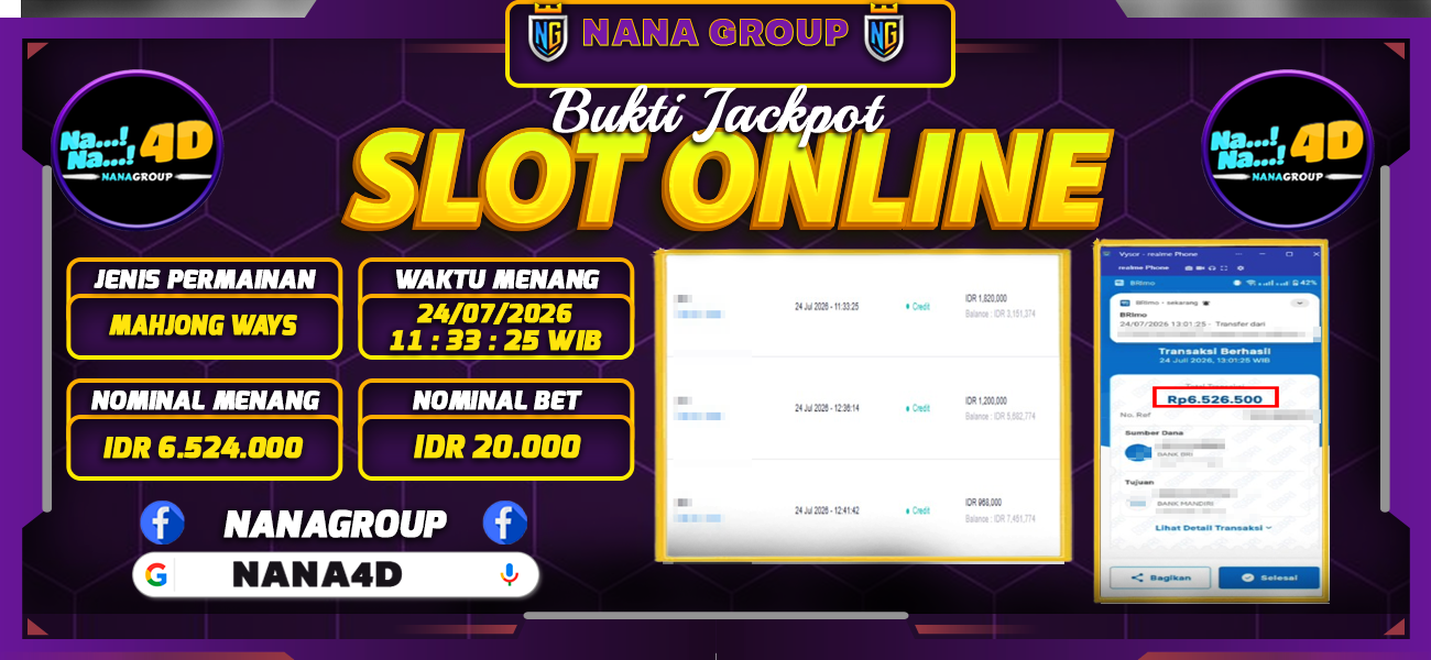 Bukti Kemenangan Besar Dibayar lunas Member NANA4D RP 6.524.000, 24 Juli 2026