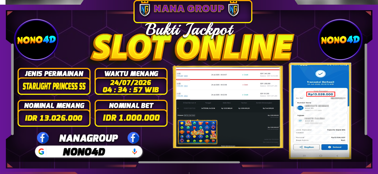 Bukti Kemenangan Besar Dibayar lunas Member NONO4D RP 13.026.000, 24 Juli 2026