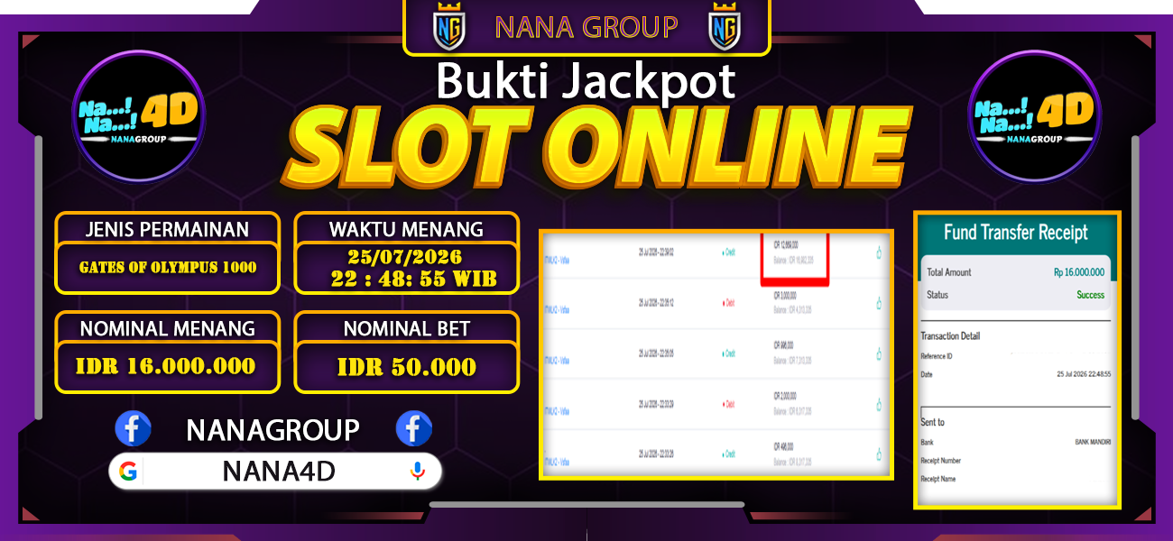 Bukti Kemenangan Besar Dibayar lunas Member NANA4D RP 16.000.000, 25 Juli 2026