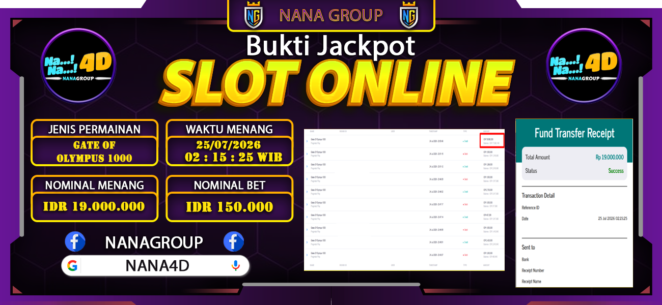 Bukti Kemenangan Besar Dibayar lunas Member NANA4D RP 19.000.000, 25 Juli 2026