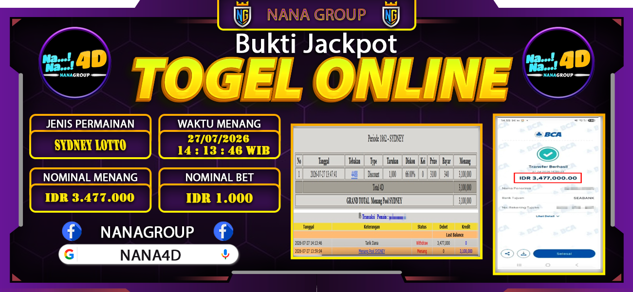 Bukti Kemenangan Besar Dibayar lunas Member NANA4D RP 3.477.000, 27 Juli 2026