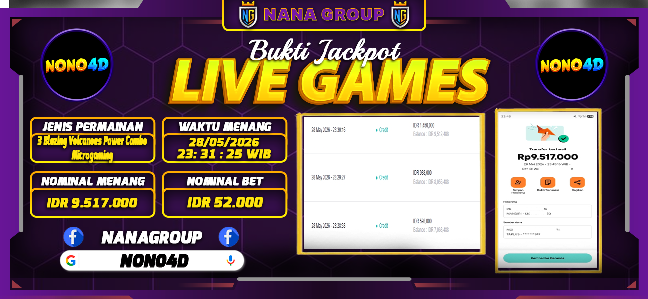 Bukti Kemenangan Besar Dibayar lunas Member NANA4D RP 9.517.000, 28 Mei 2026