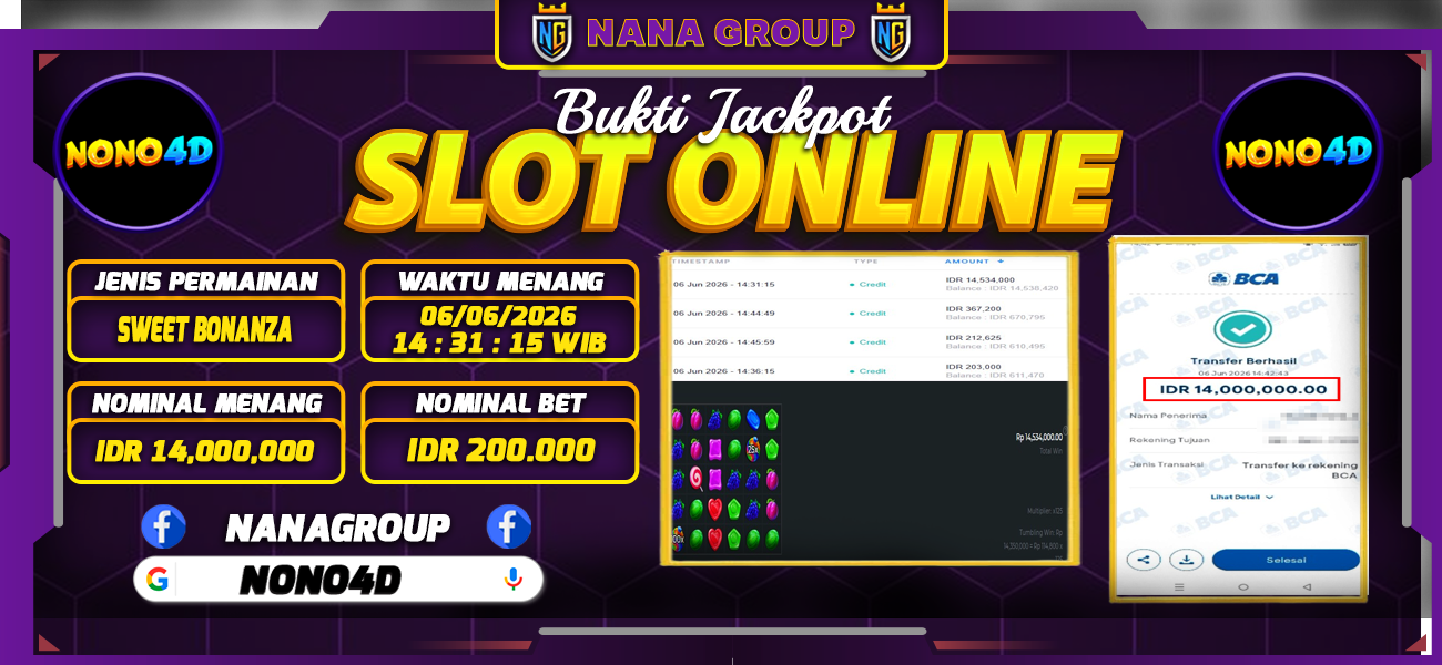Bukti Kemenangan Besar Dibayar lunas Member NONO4D RP 14.000.000, 6 Juni 2026